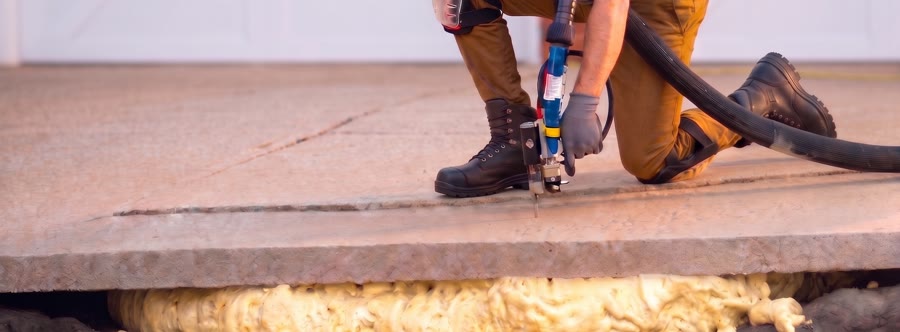 A PolyJacks tech injecting foam under a sunken slab
